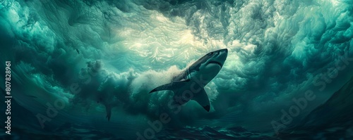A hyperrealistic Shark emerges from the water under a bleached sky, blending modern and mystical elements in teal and tangerine hues. photo