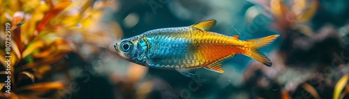 Tetra Fish breaks water's surface in a vivid, mystical fusion of Prussian blue, orange, and mustard under bleached sky.