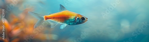 A Tetra Fish breaks the water's surface in a hyperrealistic scene under a bleached sky, blending modern and mystical elements in Prussian blue, orange, and mustard colors.