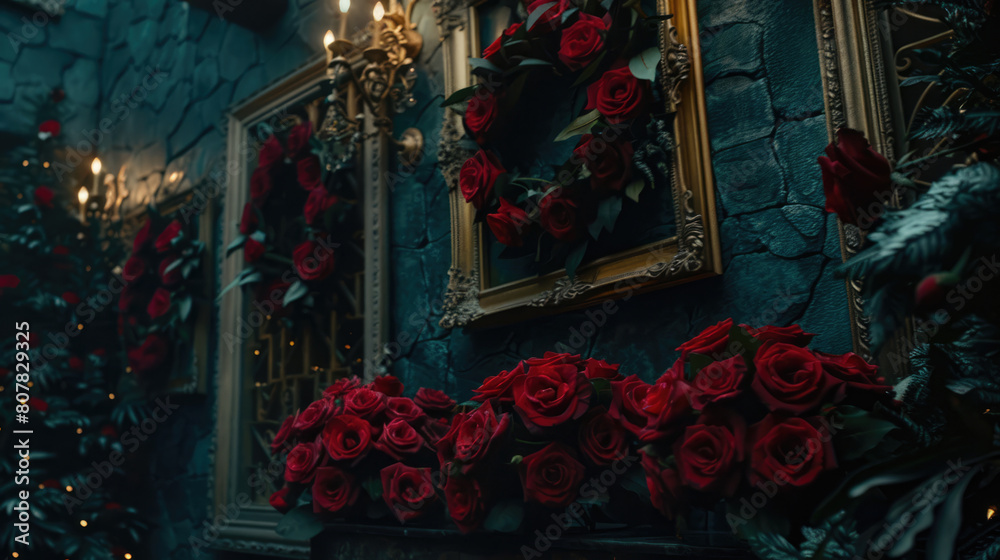 Gloomy atmosphere with bouquets of roses and retro picture frames.
