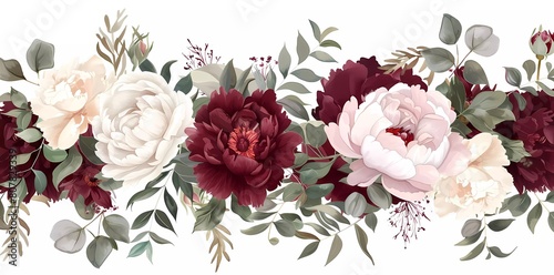 Burgundy red peonies, white magnolias, dusty pink roses and hydrangeas, astilbe flowers, eucalyptus, green horizontal wreath vector design. Watercolor wedding flowers.