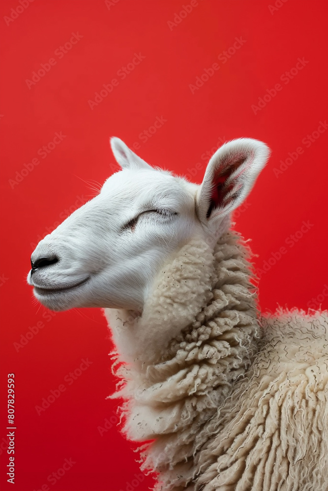 Fototapeta premium Eid ul adha concept, A white sheep with its eyes closed and head raised, exuding relaxation against a red background 