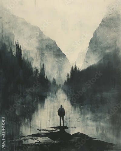 Mysterious silhouette of Pike under a washed-out sky, blending hyperrealism with mythical themes in a modern style. photo