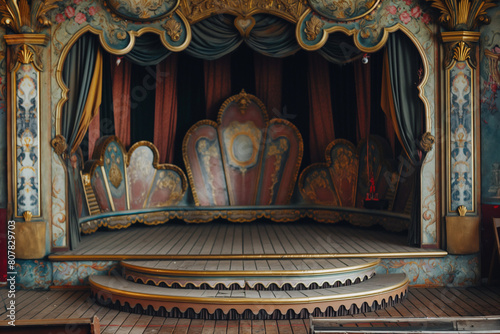 antique theater curtain, Design a stage podium with a vintage-inspired look, featuring ornate details and decorative elements