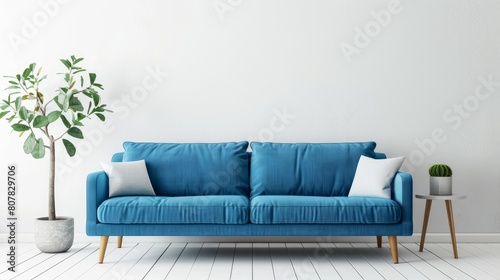 Minimal concept of living interior with bright blue sofa on white floor and background. 