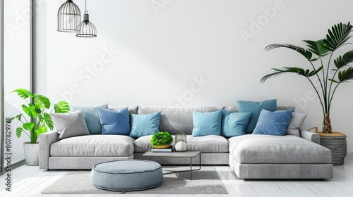 Modern interior design of living room with gray sofa and blue cushions over white wall panorama  photo