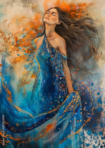 The Artistic Painting of a Woman with long hair in Blue Adorned with a Blue and Orange Motif.