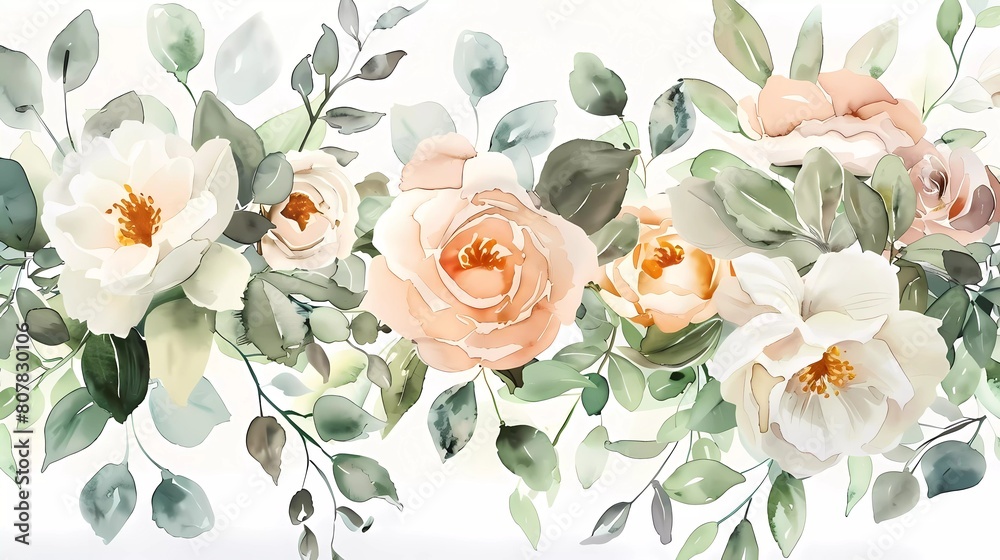 Vector design wreath of silver sage green and blush pink flowers. Dusty rose, white carnation, mauve rose, ranunculus, eucalyptus, greenery. Wedding bouquets. Watercolor.