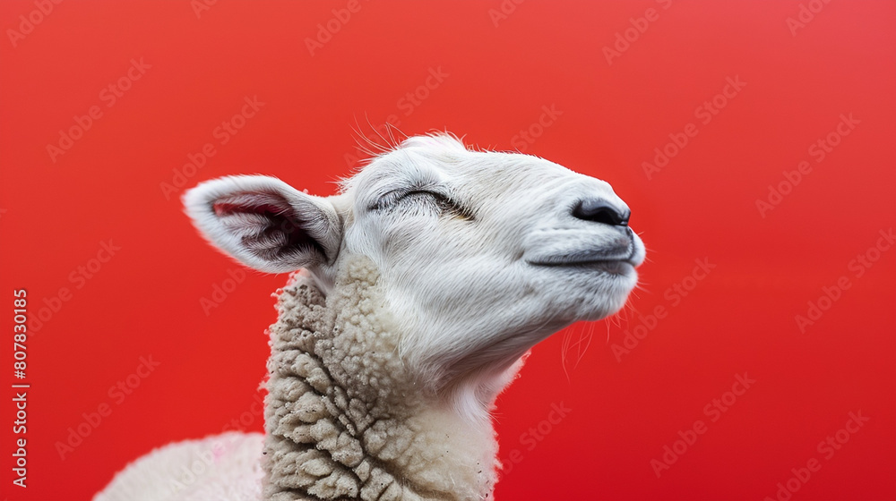 Fototapeta premium Eid ul adha concept, A white sheep with its eyes closed and head raised, exuding relaxation against a red background 