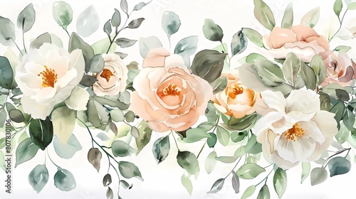 Vector design wreath of silver sage green and blush pink flowers. Dusty rose  white carnation  mauve rose  ranunculus  eucalyptus  greenery. Wedding bouquets. Watercolor.