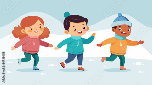 As they take their first wobbly strides on the ice a group of toddlers squeal with excitement and hold each others hands for support.. Vector illustration photo