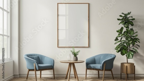 Scandi style living room interior with white walls  a wooden floor  a round table and two blue chairs near it. 