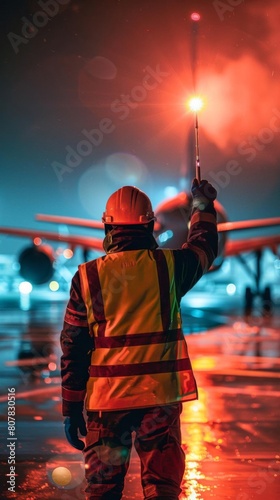 Aircraft marshaller in high visibility safety vest signaling to a commercial airplane with illuminated batons during a night operation photo