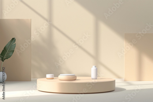 cosmetics on the table  Develop an ad template mockup that incorporates the podium background and product display