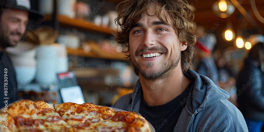 During his lunch break, a cheerful guy enjoys a tasty pizza at his workplace, smiling happily. During his lunch break, a cheerful guy enjoys a tasty pizza at his workplace, smiling happily.