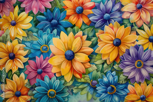 A painting depicting a variety of brightly colored flowers in full bloom  showcasing a beautiful array of shades and shapes