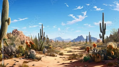 Video animation of vast desert landscape under a clear blue sky. In the foreground, various types of cacti and desert vegetation thrive. photo