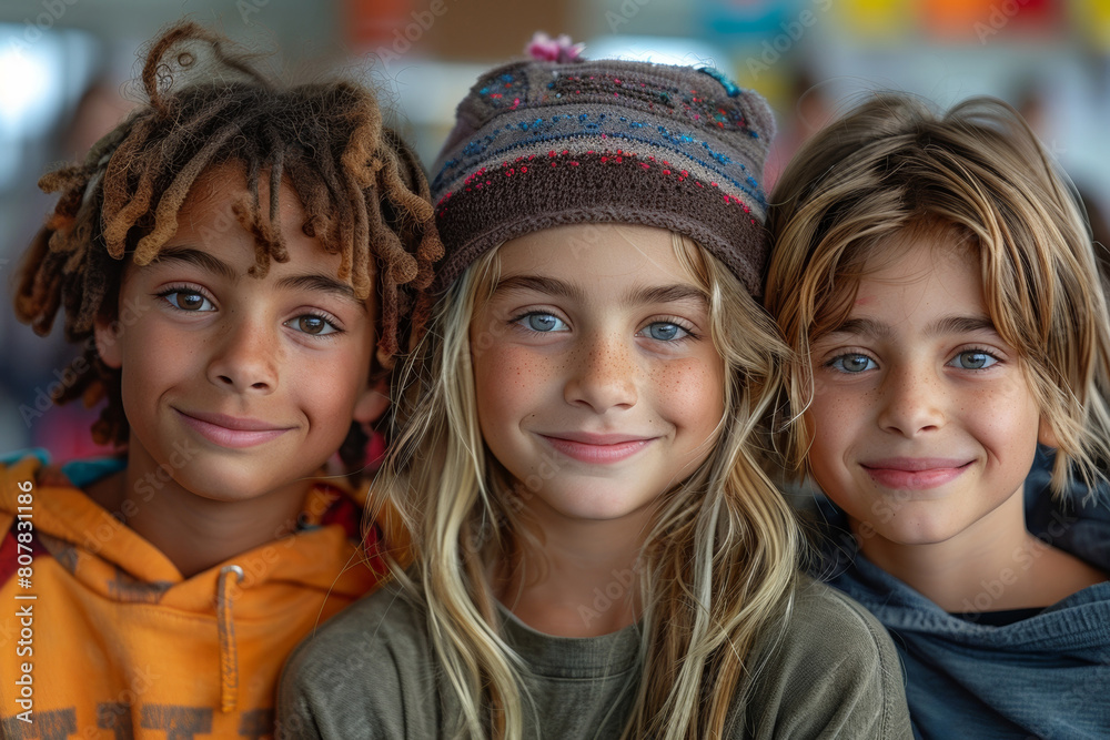 In a joyful outdoor setting, a diverse group of children, including boys and a girl, stand together, smiling happily. In a joyful outdoor setting, a diverse group of children, including boys and a girl, stand together, smiling happily.