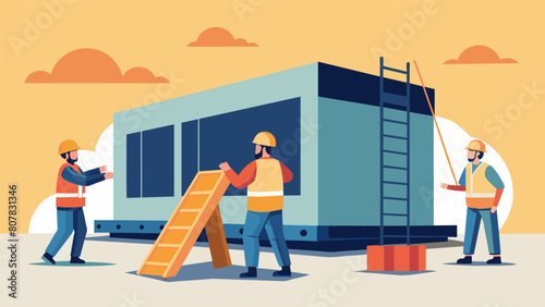 Under the watchful eye of a foreman construction workers flawlessly position commercial modular units onto a prepared foundation forming the basis for. Vector illustration