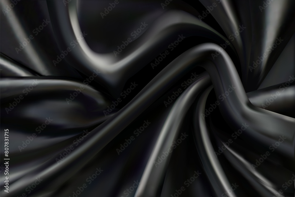 Fototapeta premium Black satin silk luxury material cloth with curves and folds.Horizontal Draped smooth silky textile. Luxury 3D background for banner, presentation, poster, advertising design.Vector illustration