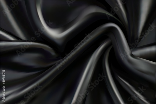 Black satin silk luxury material cloth with curves and folds.Horizontal Draped smooth silky textile. Luxury 3D background for banner, presentation, poster, advertising design.Vector illustration