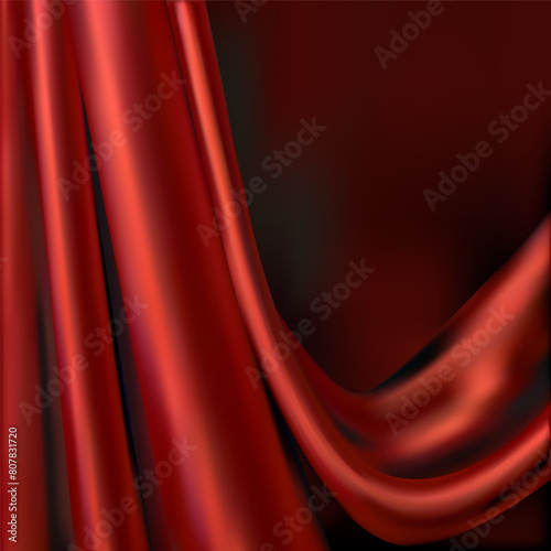 Luxurious smooth red satin fabric drapery background with place for text.Red elegant silky realistic fabric with curves and glossy surface.Vector illustration.Satin texture for design