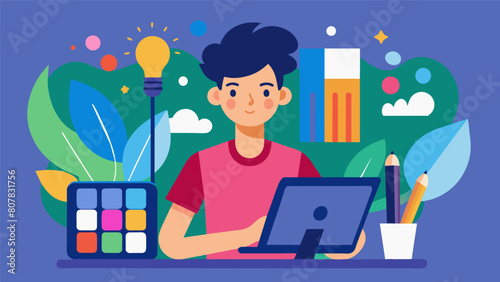 A young artist scrolling through endless options of digital brushes and colors entirely absorbed in the possibilities of their creation.. Vector illustration