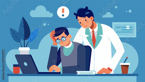 A businessman sitting at his desk looking overwhelmed and anxious as he repeatedly checks and rechecks his work. Next to him a doctor administers.