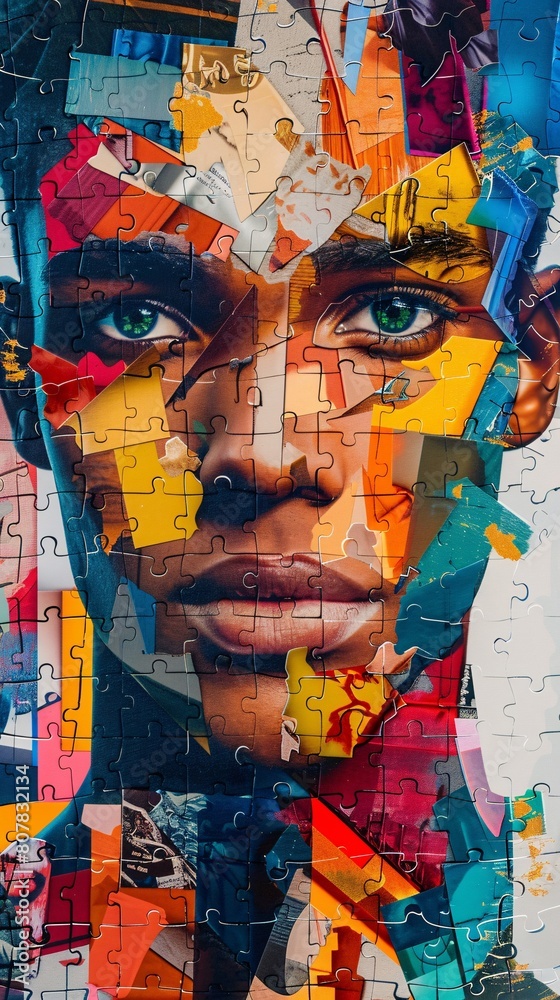 Naklejka premium Fashionable male facial collage with many colorful elements, trend puzzle style. Ideal for creative and vibrant design projects