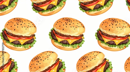 Delicious burger pattern with fresh ingredients on a white background
