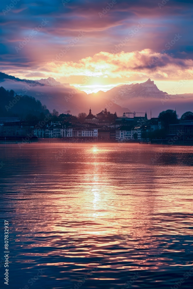 Sunset serenity: A tranquil lake at sunset, backdropping a quaint town and majestic mountains, in a picturesque, peaceful scene