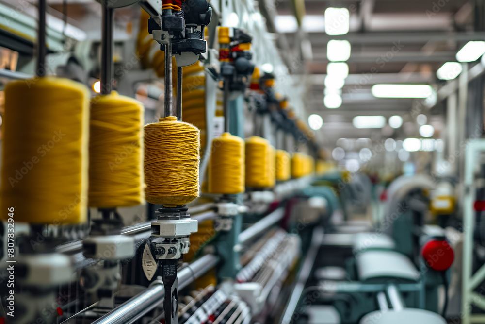 A textile factory with yellow thread spools on machines, showcasing industrial efficiency and large-scale production A textile factory with yellow thread spools on machines, showcasing industrial efficiency and large-scale production