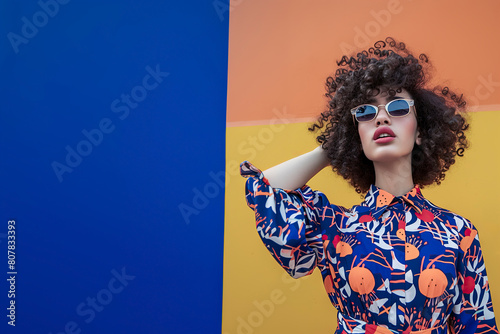 woman wearing a colorful dress and sunglasses stands in front of a blue and orange wall. The dress is patterned with various shapes and colors, and the woman's hair is styled in a curly bob