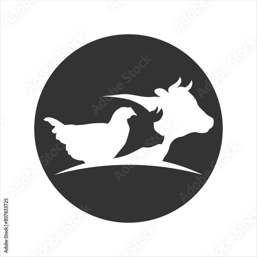 Farm animals graphic symbol. Cow, pig and chicken sign isolated on white background. Animal farm symbol. Vector illustration