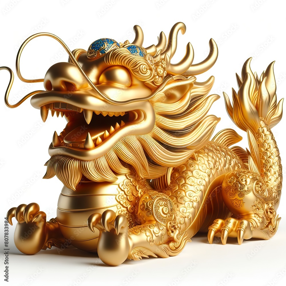 Fototapeta premium a 3d gold dragon with happy face, white background
