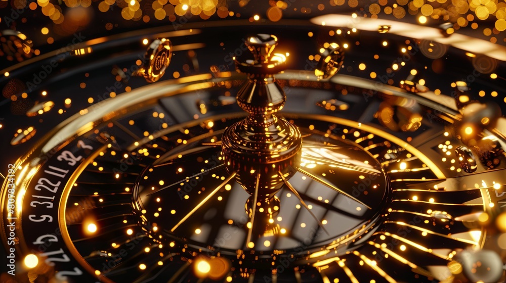 Fototapeta premium Golden roulette wheel with sparkling lights and bokeh effect