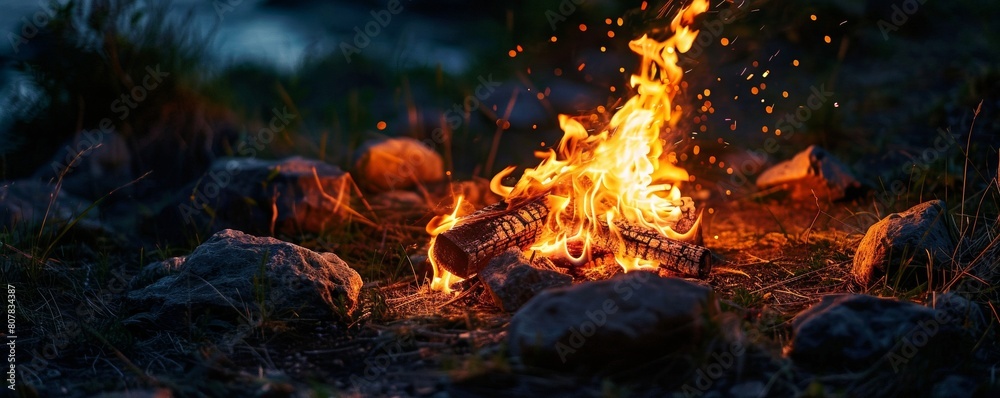 Campfire Glowing in Forest Clearing at Night