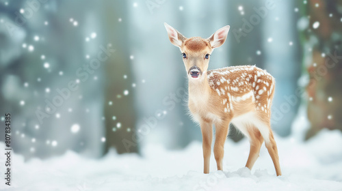 White-tailed cute baby deer in winter snowy forest © SKYNET