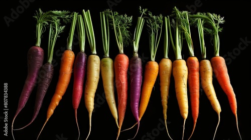 Colorful rainbow carrots on a black background