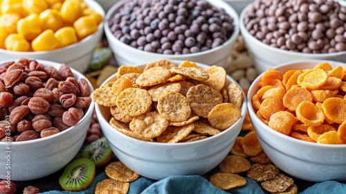   A set of bowls holding diverse cereal varieties arranged together on a table