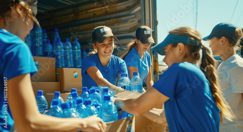 A group of young people in blue t-shirts packaging water bottles into boxes, with an open van behind them full of plastic bottles and cartons, positive atmosphere, smiling faces