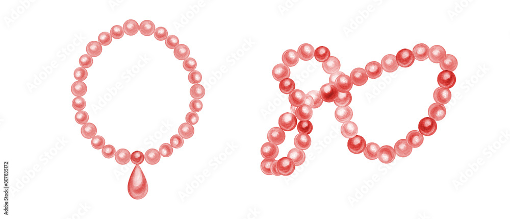 Sea pearl beads. Set of pink necklace. Female accessories for party. Bijouterie and jewelry. Watercolor illustration. For holiday design, invitation, greetings Sea pearl beads. Set of pink necklace. Female accessories for party. Bijouterie and jewelry. Watercolor illustration. For holiday design, invitation, greetings