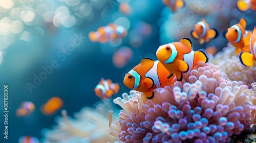 Vibrant Clownfish Amid Colorful Coral Reef Anemones in Tranquil Underwater Scene