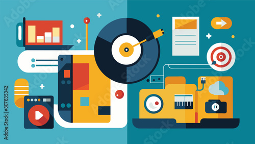 A splitscreen design comparing the production process of vinyl records in the past and present showcasing the use of modern technology. Vector illustration