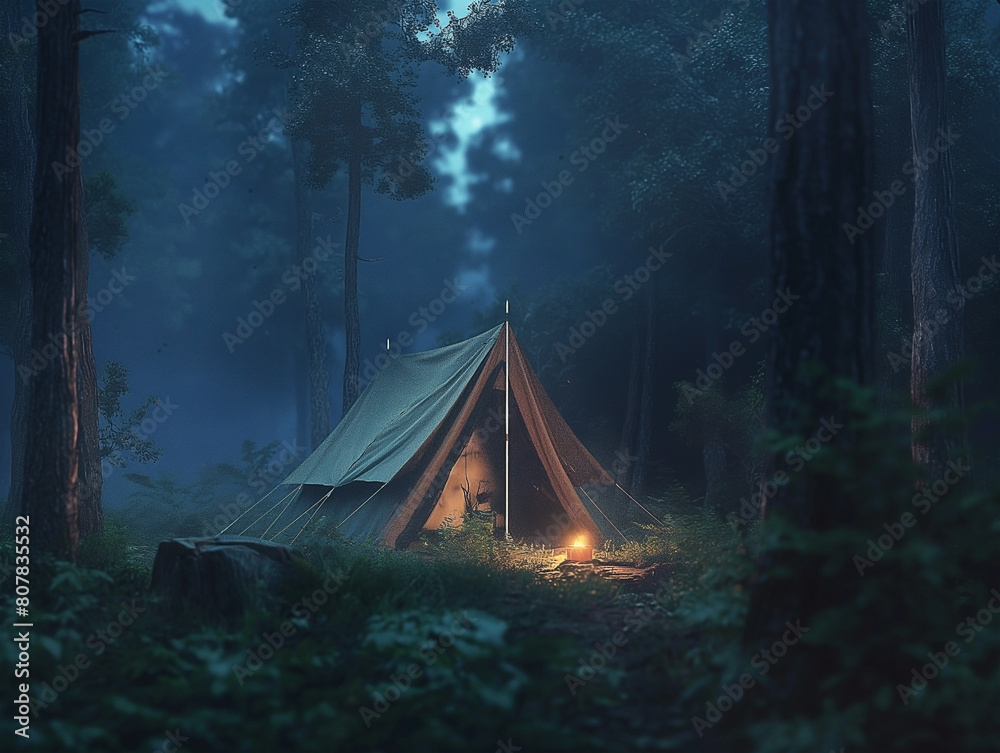 A tent in the forest in a night. The light from the lantern in a tent. Camping in the wild nature A tent in the forest in a night. The light from the lantern in a tent. Camping in the wild nature
