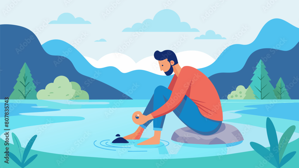 A man sitting by a pond taking off his shoes and socks to dip his toes in the cool water and feel the essence of the natural world..
