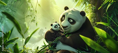 Bamboo Feast: Panda Love in the Wild blurred jungle background 
