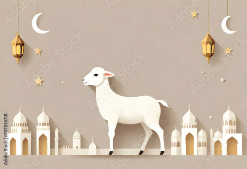 a white sheep surrounded by islamic buldings, stars, crescent moons, and lanterns on background