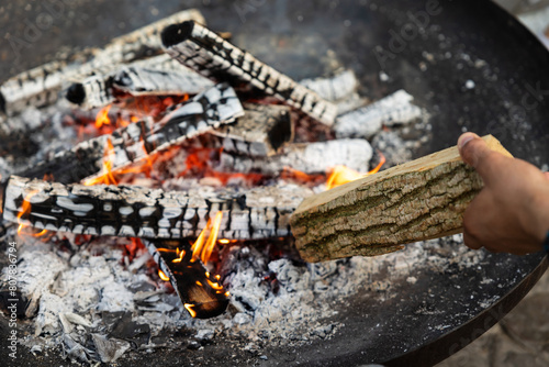 Portable grill with fire flames outdoors © zinkevych