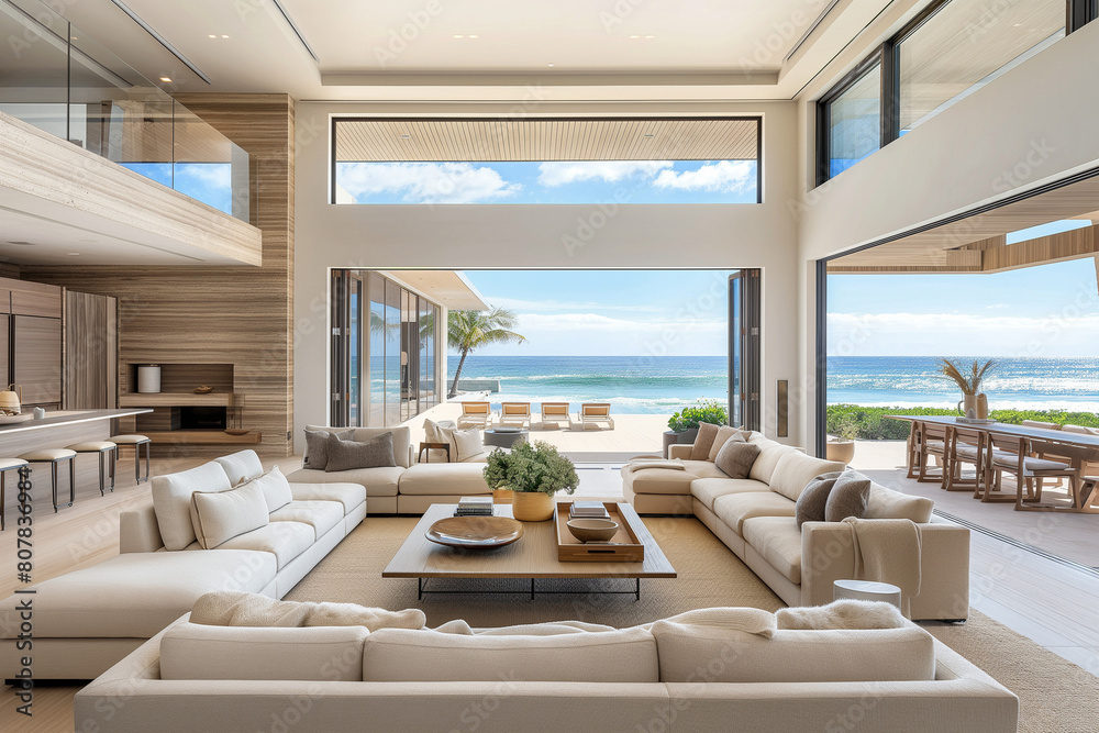 modern living room with table, Inside, the beach house boasts spacious living areas flooded with natural light, elegant furnishings, and premium finishes